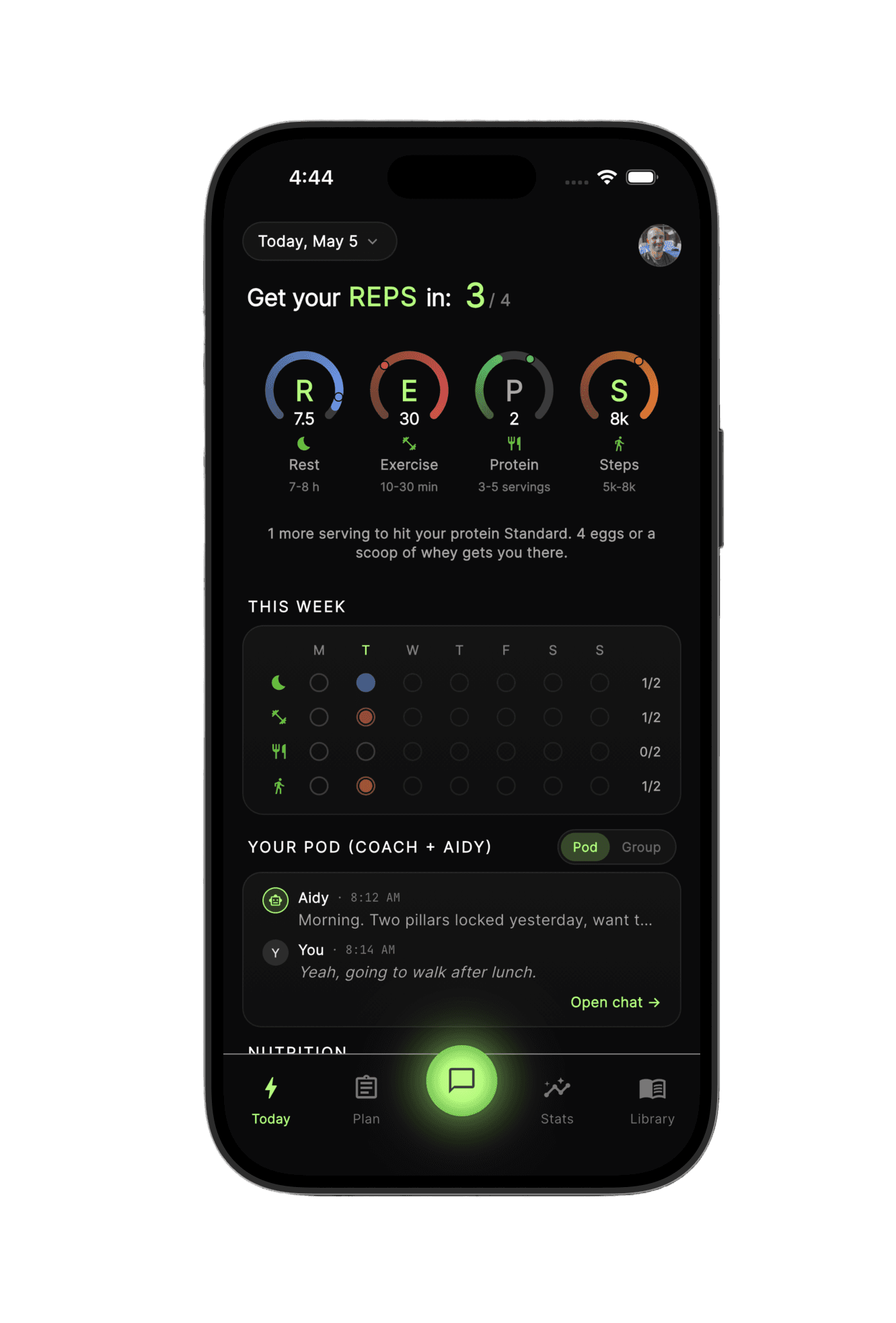 The PriorityMe app showing today's REPS — Rest, Exercise, Protein, Steps — with Aidy and your coach in the pod chat below.