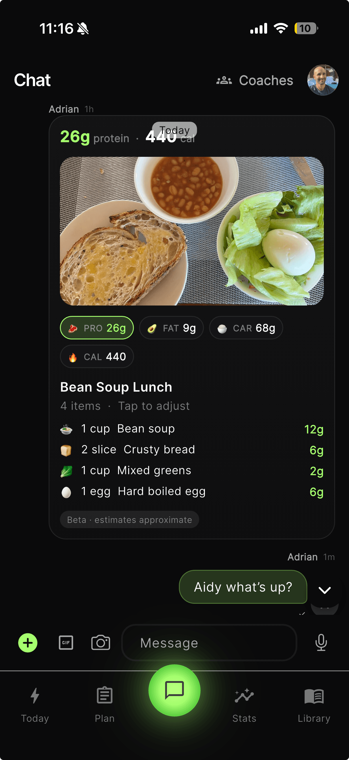 The PriorityMe app showing Aidy chat and daily progress.